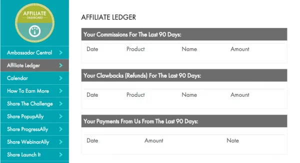 Screenshot of affiliate ledger