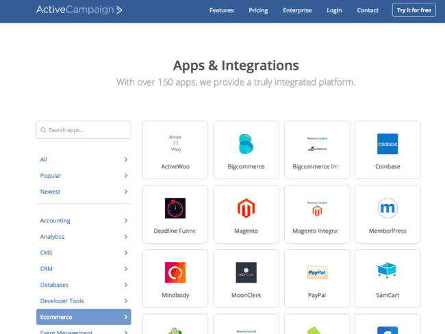 Screenshot of ActiveCampaign eCommerce Integrations