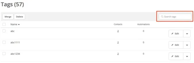 Screenshot of list of tags in ActiveCampagin