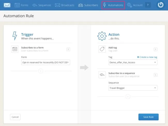 activecampaign vs convertkit - automation - AccessAlly Screenshot ConvertKit Automation Rule