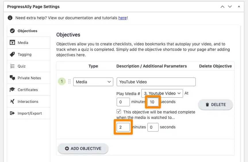 Screenshot of video bookmark settings