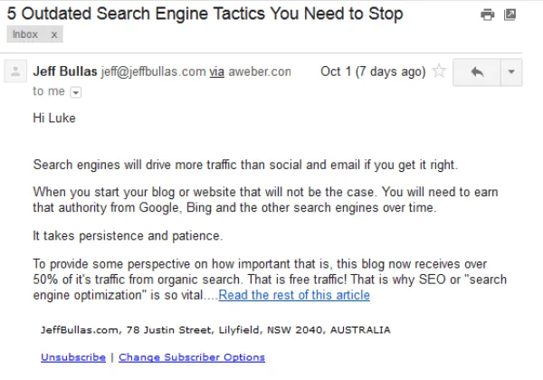 Screenshot of example email