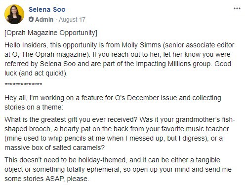 Selena Soo Oprah Magazine Opportunity