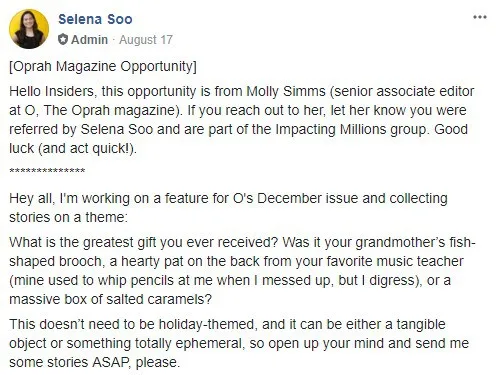 Selena Soo Oprah Magazine Opportunity