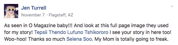 Jen Turrel Facebook Comment on O Magazine Success