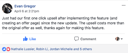 Screenshot of Facebook feedback about one-click upsells