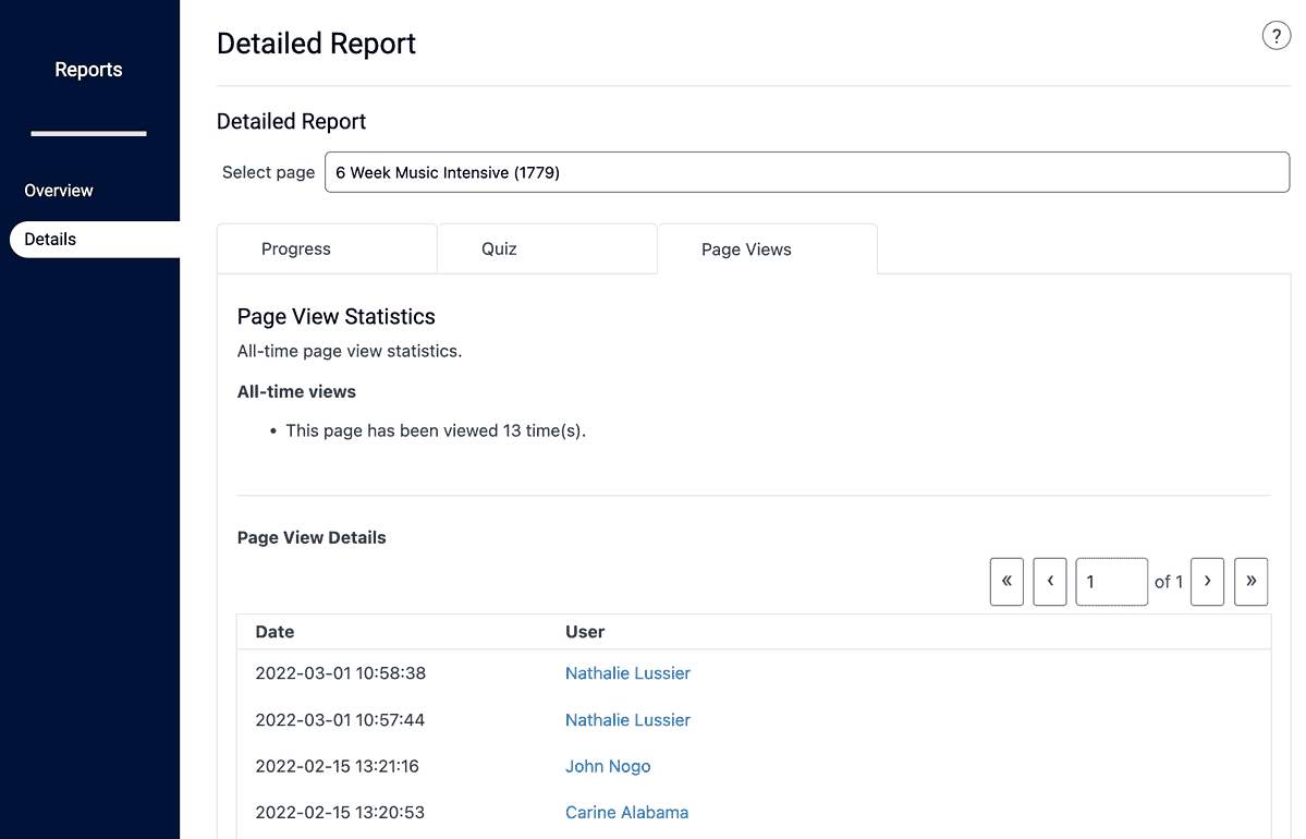 Screenshot of AccessAlly progress reports per page