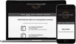 Mockup of laptop and mobile device with screenshots of Impacting Millions schedule page