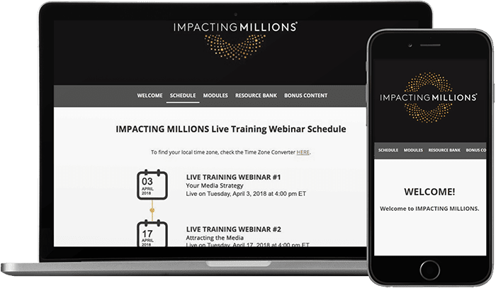Mockup of laptop and mobile device with screenshots of Impacting Millions schedule page
