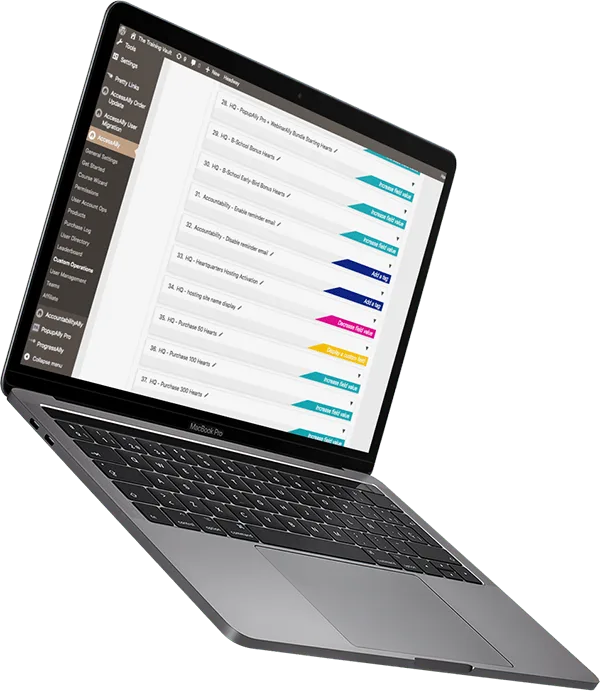 Laptop with screenshot of AccessAlly Custom Operations Feature - WordPress Gamification Plugin