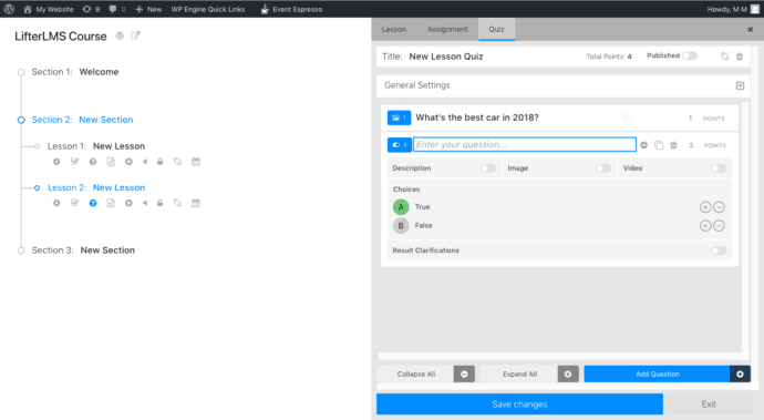 LifterLMS Online Course Setup Screen