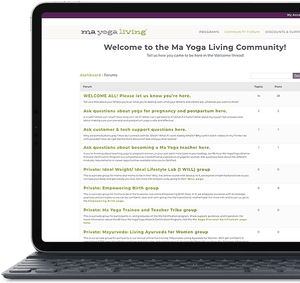 Laptop mockup of Ma Yoga Living Community Forum page
