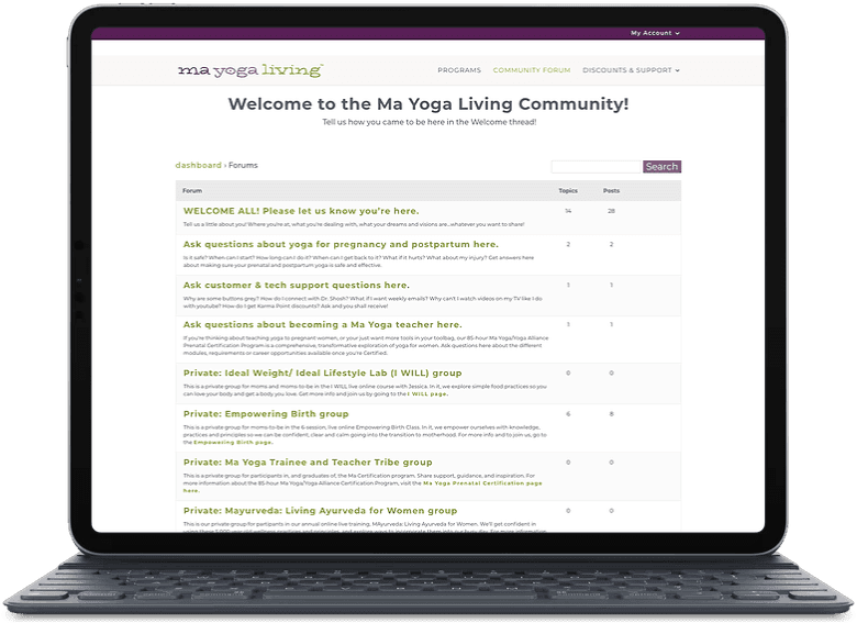 Laptop mockup of Ma Yoga Living Community Forum page