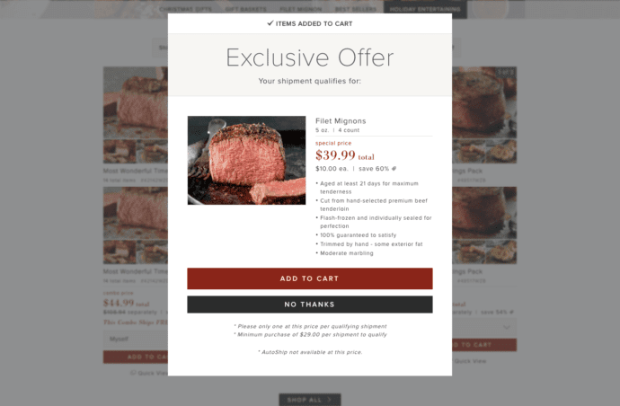 Screenshot of Omaha Steaks website order bump example