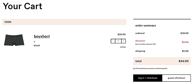 Screenshot of Thinx website with buy 3 get one 1 discount