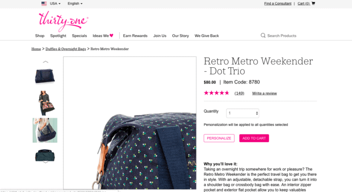 Screenshot of a bag for sale at Thirty one