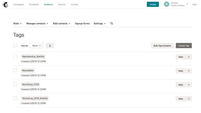 MailChimp tagging system screenshot