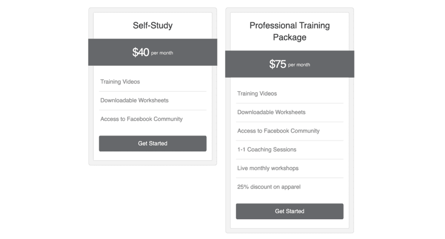 Example of a pricing box for multi-tier subscription product.