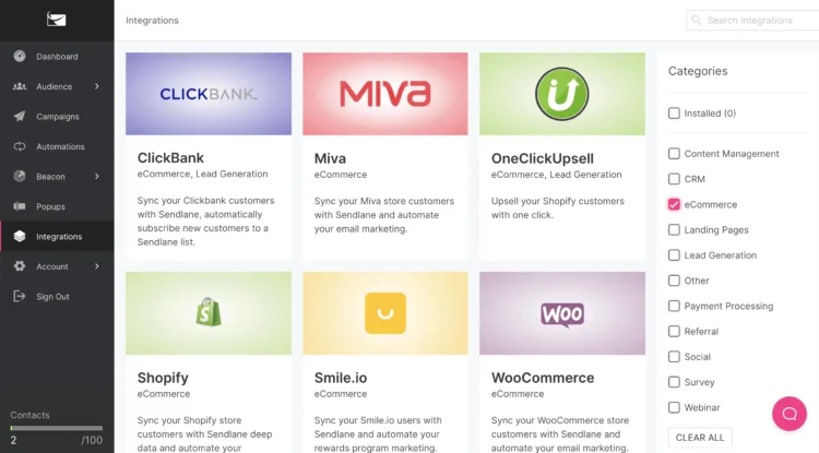Screenshot of Sendlane - Ecommerce Integrations