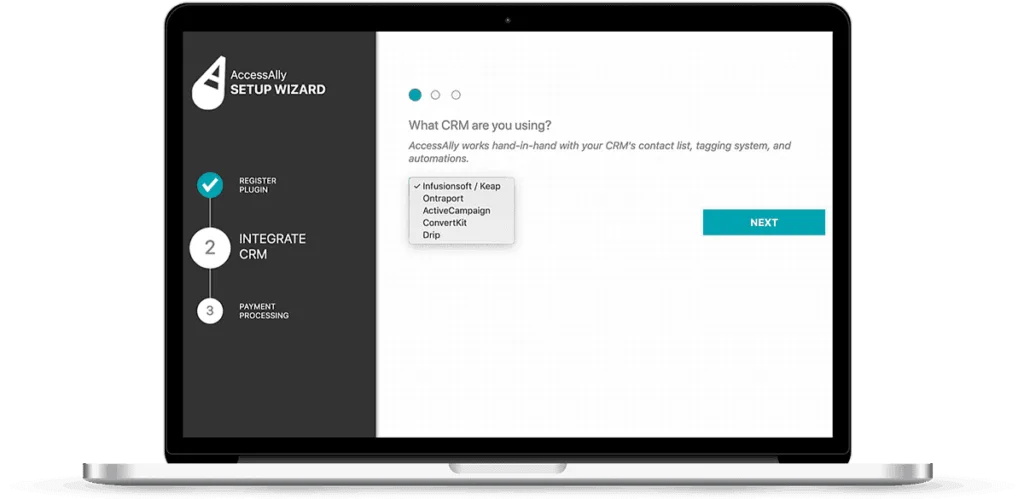 AccessAlly-Onboarding-Wizard - AccessAlly Laptop with a screenshot of the AccessAlly onboarding wizard with email marketing integration