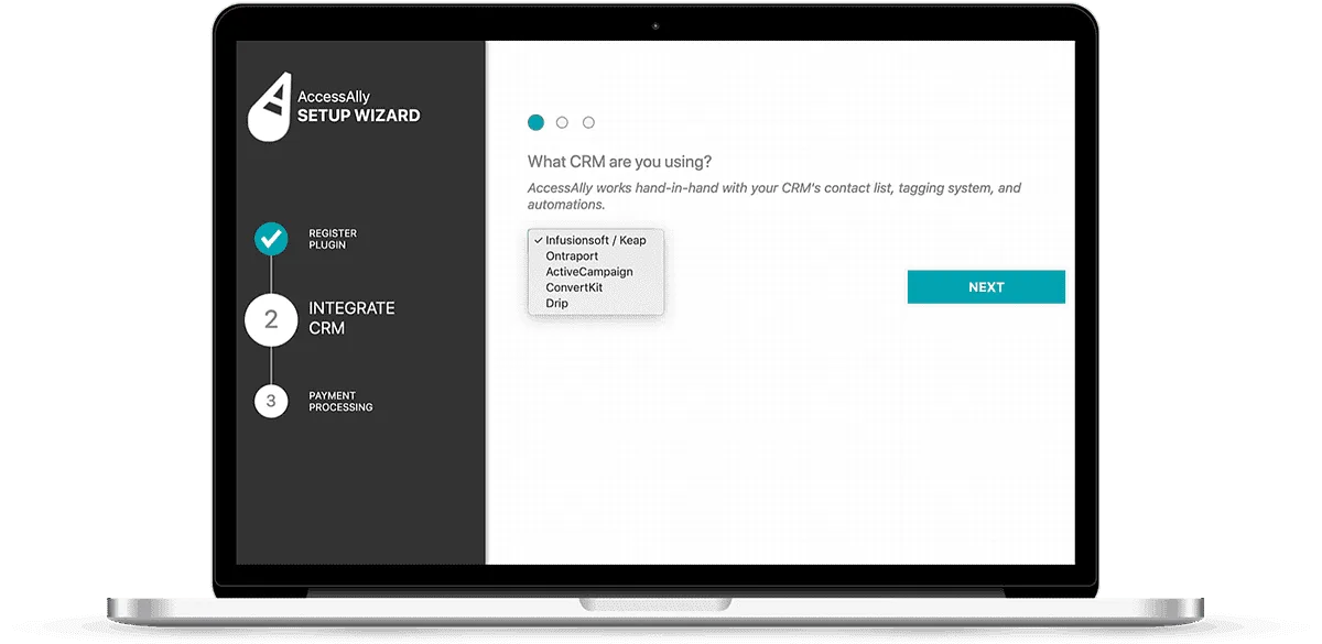 AccessAlly-Onboarding-Wizard - AccessAlly Laptop with a screenshot of the AccessAlly onboarding wizard with email marketing integration