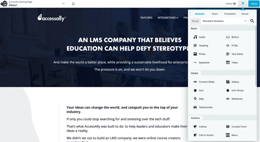 Screenshot of a page being edited with Beaver Builder