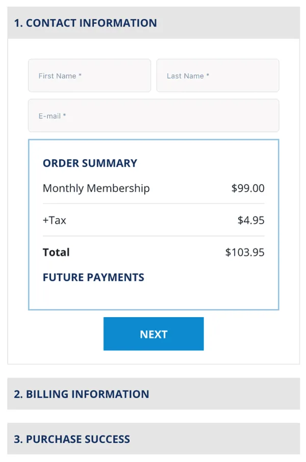 Screenshot of a membership site order form for registering using the AccessAlly plugin