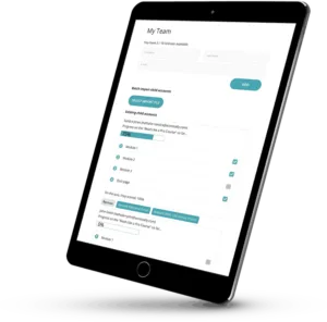 Umbrella-Accounts-Bulk-Courses-Tablet - AccessAlly Tablet with a screenshot of a bulk course dashboard for AccessAlly Teams