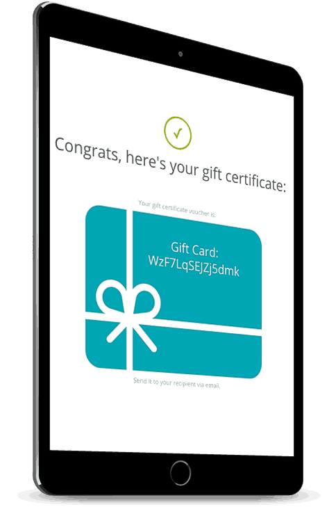 Tablet with a screenshot of a gift certificate after purchase