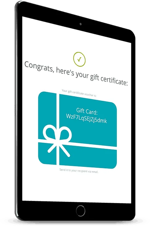 Tablet with a screenshot of a gift certificate after purchase