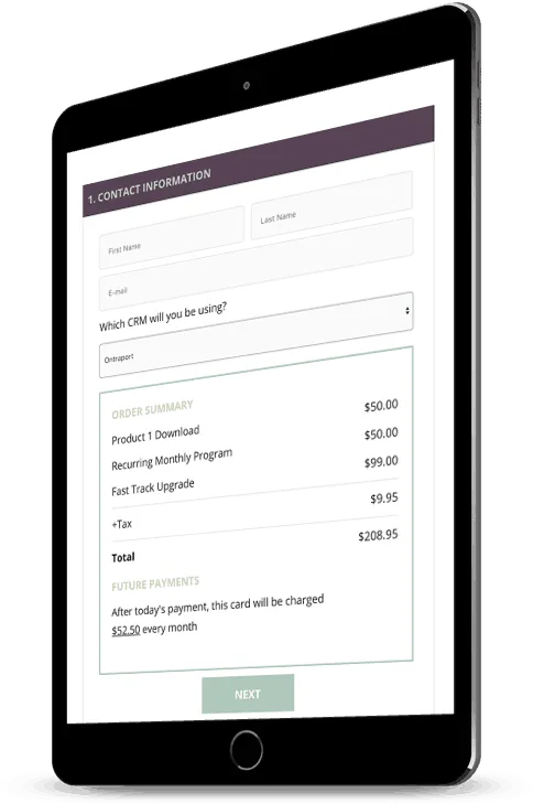 Tablet with a screenshot of a recurring payment order form