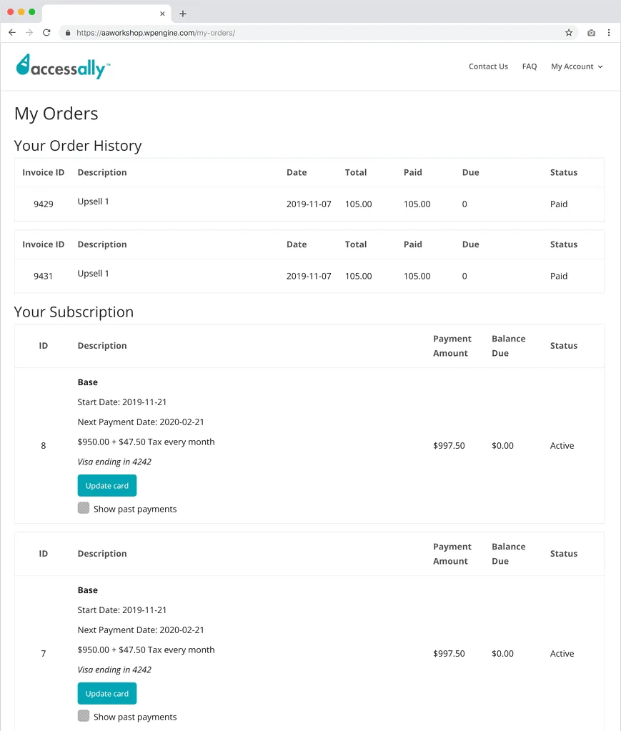 Screenshot of the update credit card page for customers