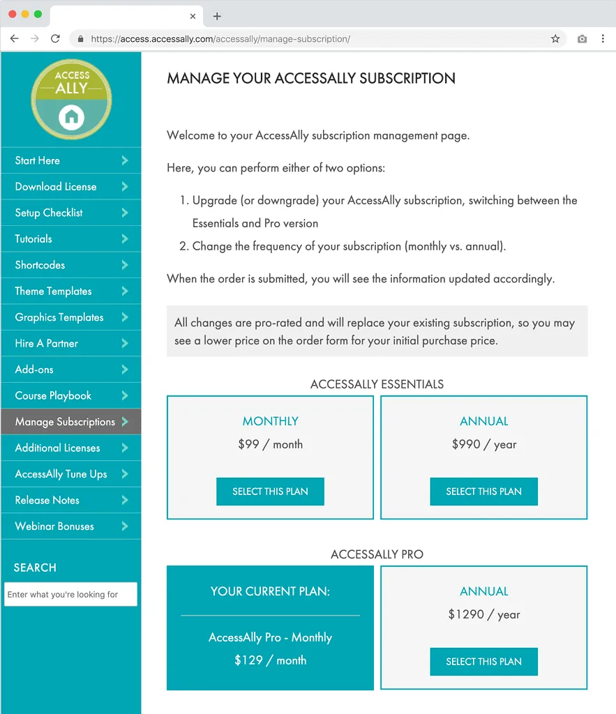 Screenshot of the upgrade and downgrade page