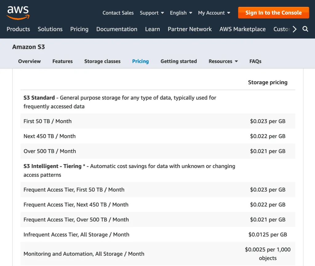 Screenshot of Amazon S3 Cost Breakdown on their website