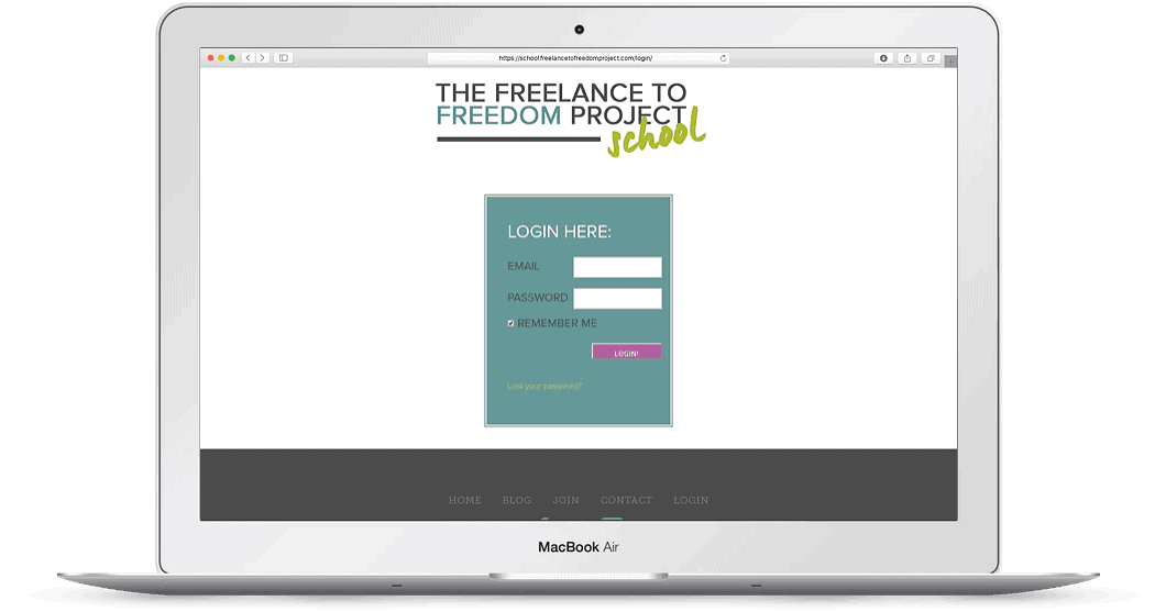 laptop displaying the login page for Leah's Freelance to Freedom School