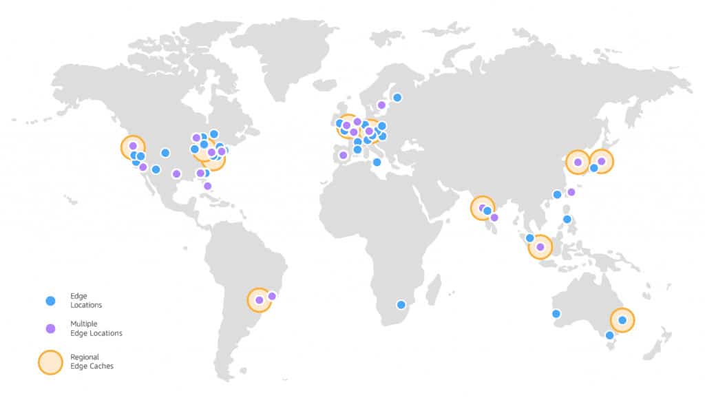 World map with dots representing Amazon servers and locations