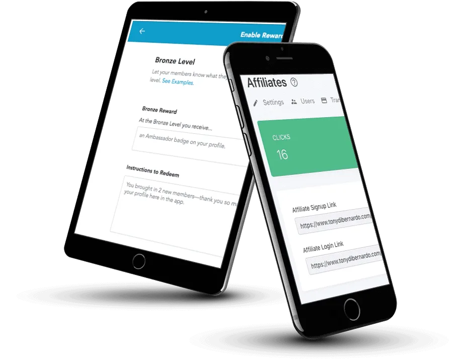 Screenshots of affiliate differences from Mighty Networks and Kajabi