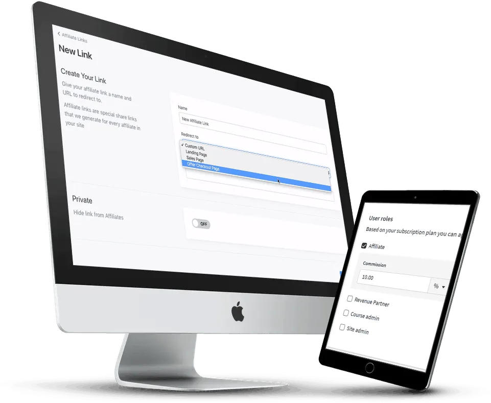 Two devices showing affiliate options between Thinkific and Kajabi
