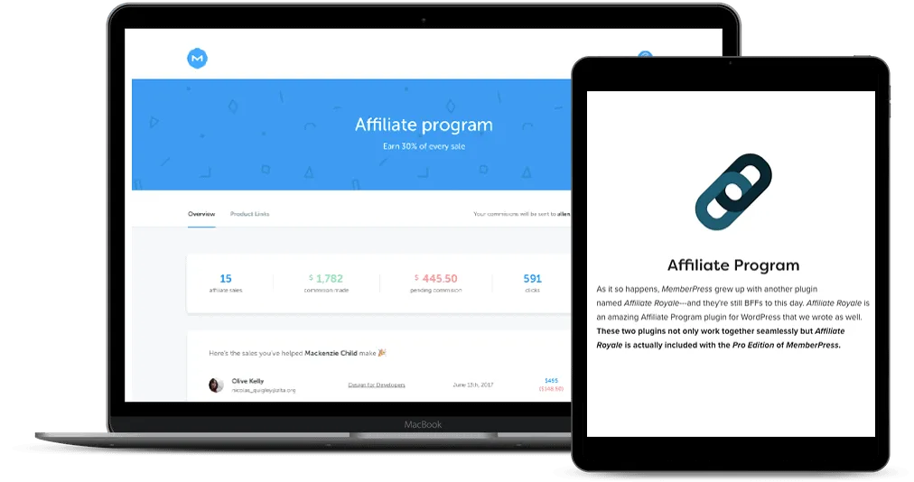 Affiliate Programs Podia Vs. MemberPress - AccessAlly Computer and tablet showing affiliate programs for both Podia vs. MemberPress
