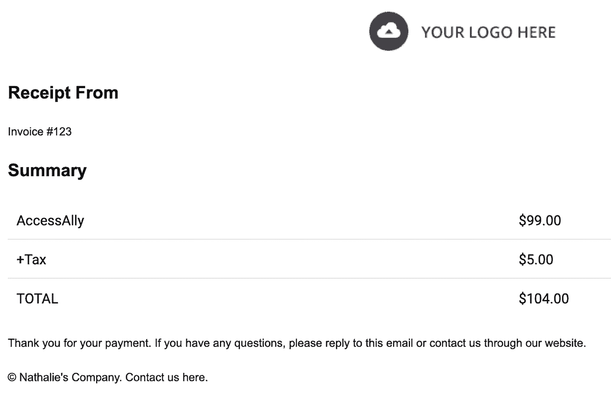 Screenshot of email receipt