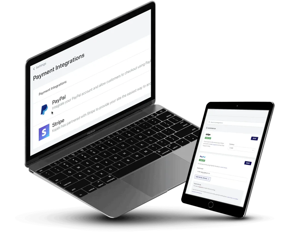 Two devices with screenshots of Kajabi and Thinkific's e-commerce options