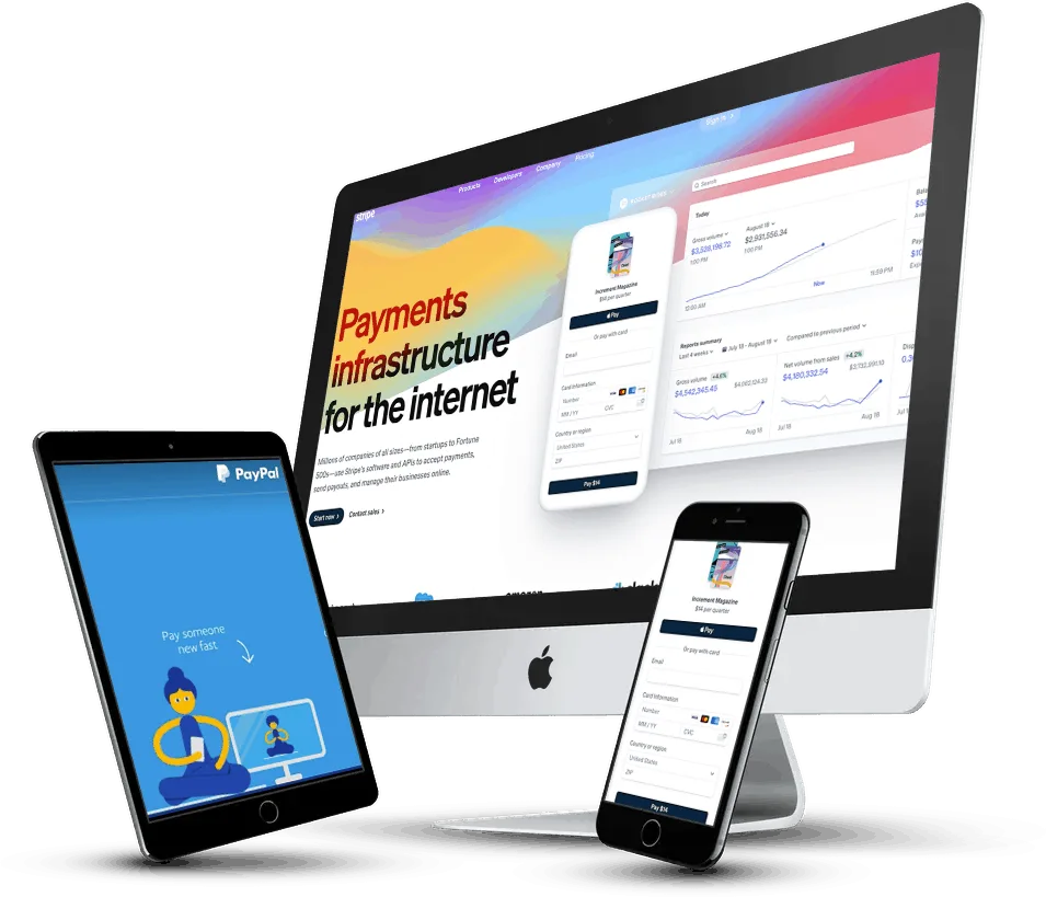 ECommerce Podia vs. MemberPress - AccessAlly Three devices showing payment options for Stripe and PayPal