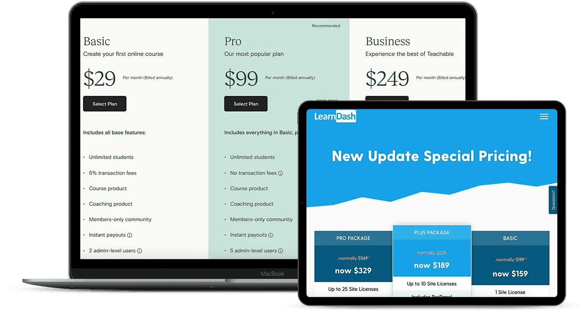 Screenshots of LearnDash and Teachable pricing pages