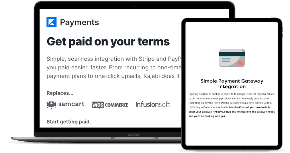 Two devices showing Kajabi's payment claims and MemberPress payment integration