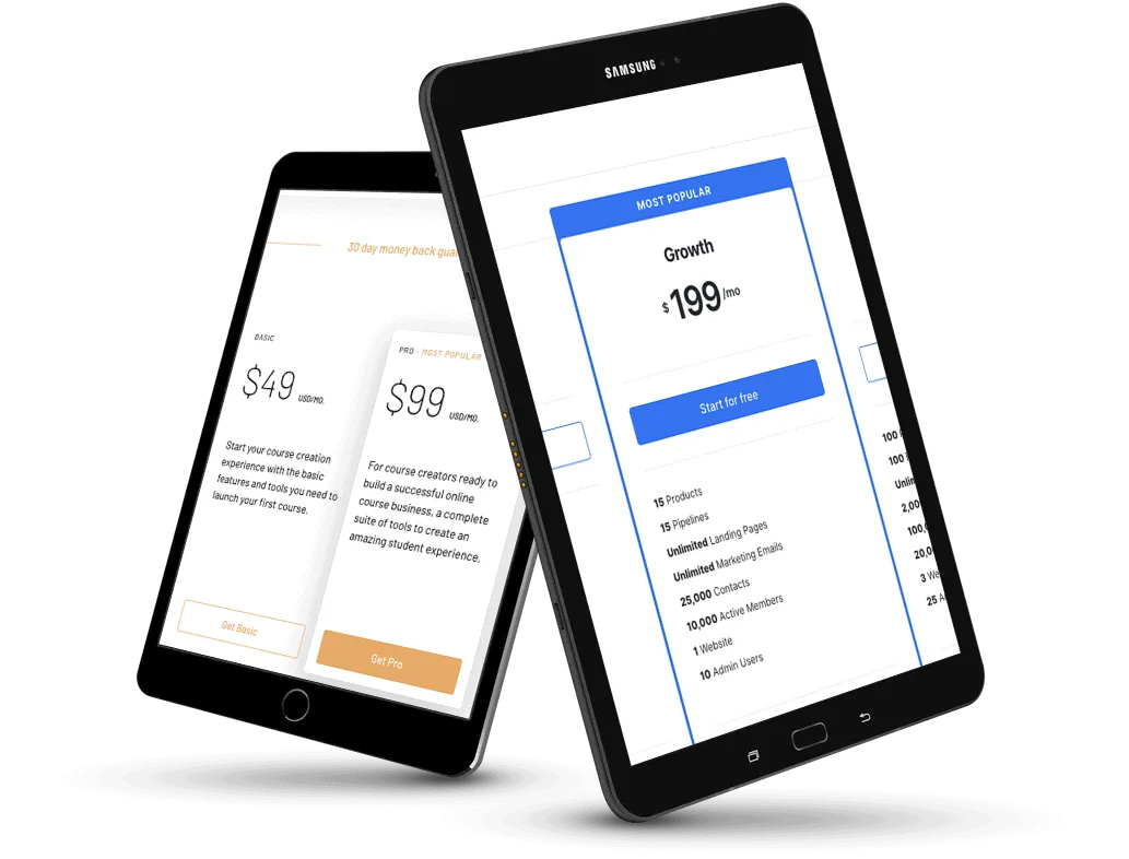 Two devices showing the pricing selection for Kajabi and Thinkific