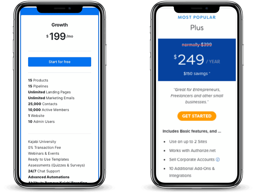 Two iPhones showing pricing differences between MemberPress and Kajabi