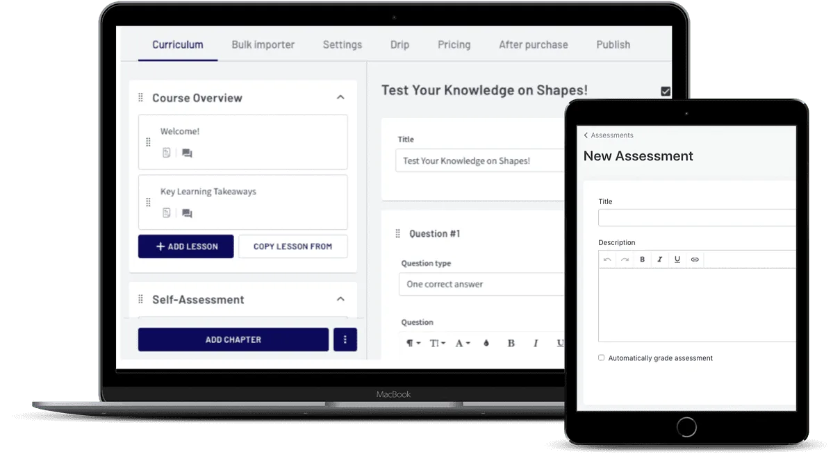 Two devices showing quiz features for Kajabi and Thinkific