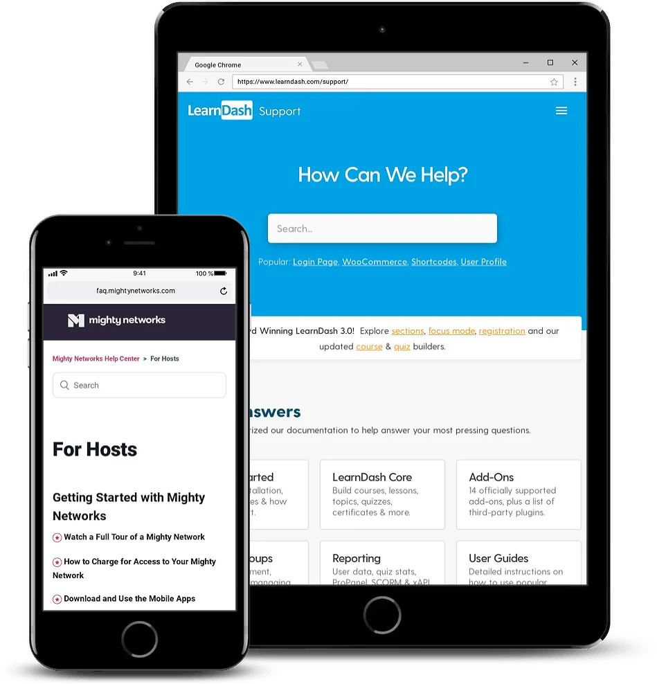 screenshots of Mighty Networks and LearnDash help centers