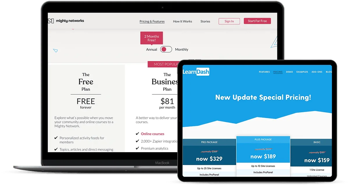 Screenshots of Mighty Networks and LearnDash pricing pages