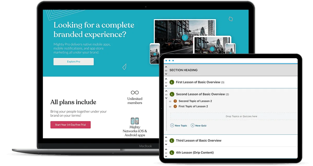 screenshots of platform features compared to a course builder